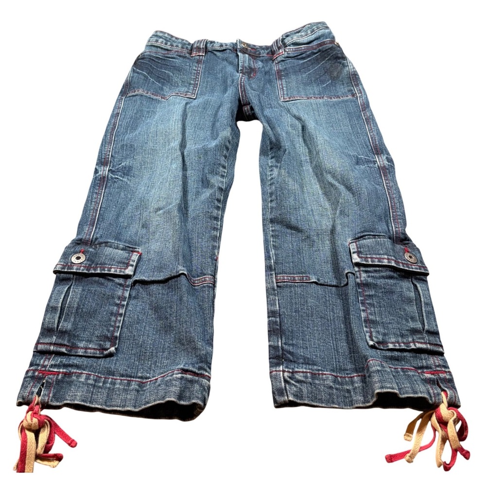 Y2K Low Rise Capri Grunge Medium Wash Red Contrast Stitch Cargo Jeans Size 10